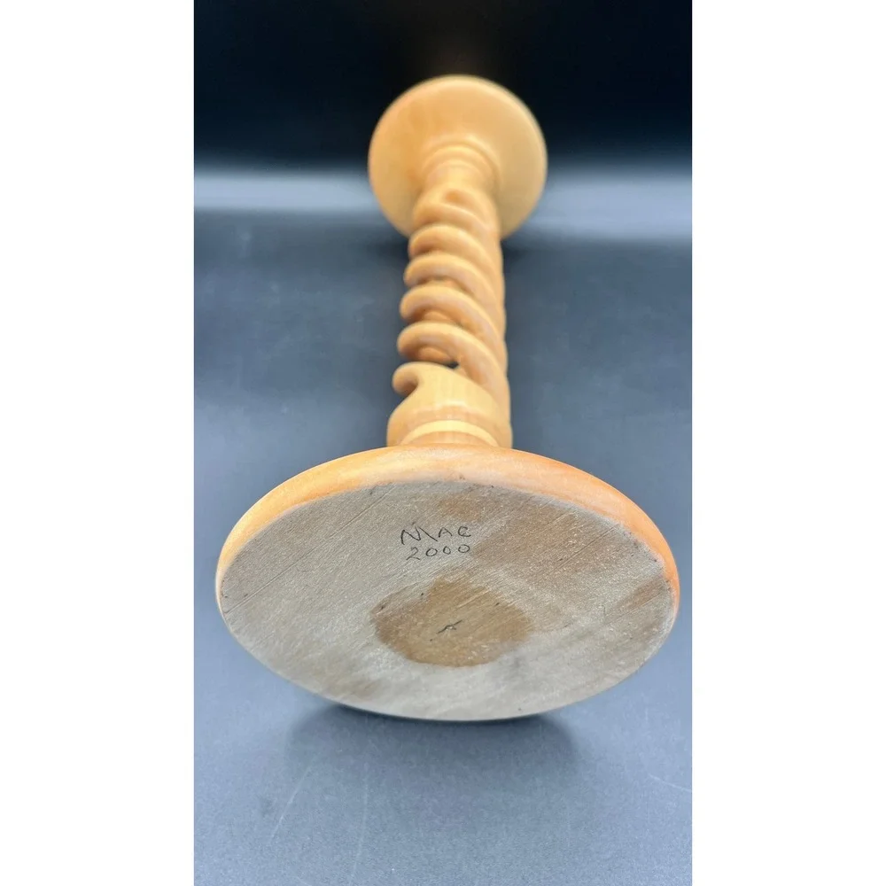 Vtg‎ Hand Turned Wood Barley Twist Candlestick Holder Open Spiral Signed 13